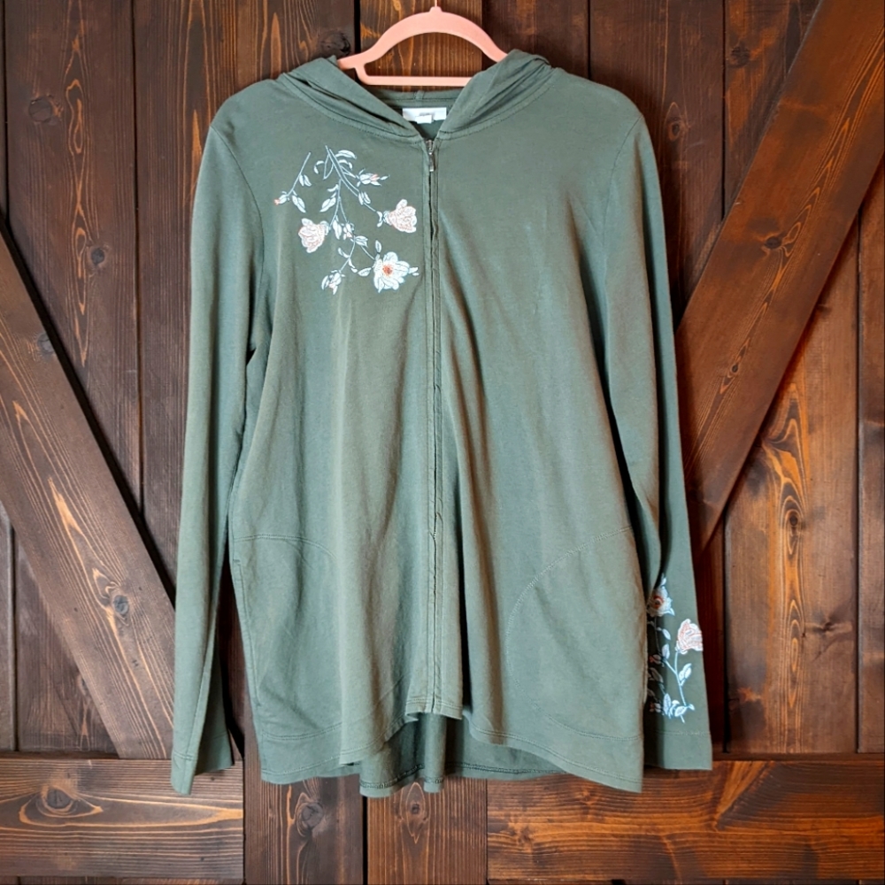 J.Jill Green Zip Up Embroidered Jacket Olive Green Size Small